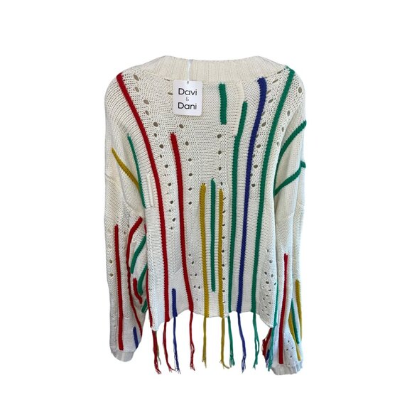 Davi & Dani Multicolor Fringe Knit Sweater L Relaxed Fit Long Sleeve Ivory - Picture 8 of 11